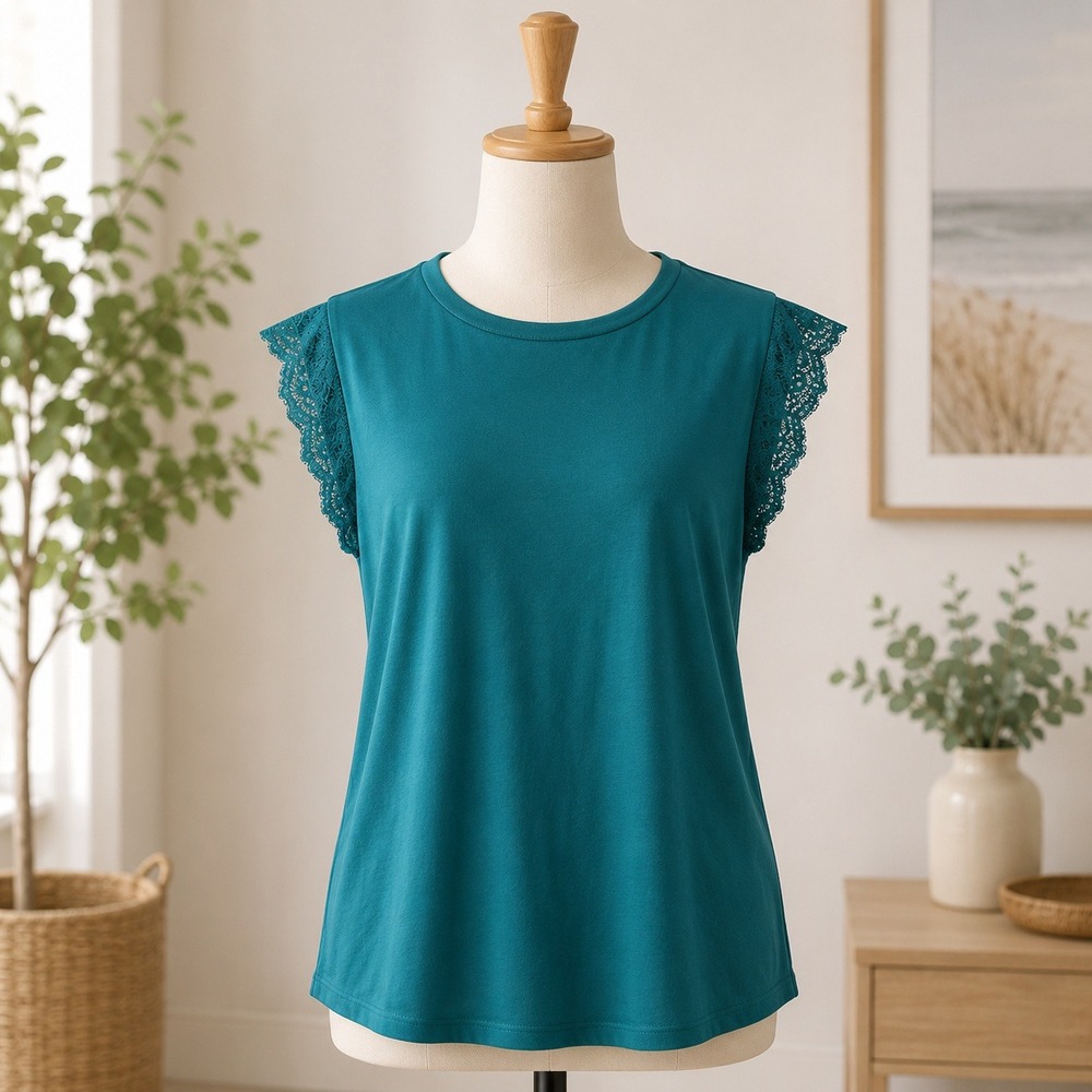NWT Cupshe Pajama Set Women XL Teal Lace Trim Short Sleeve Top and Shorts Lounge